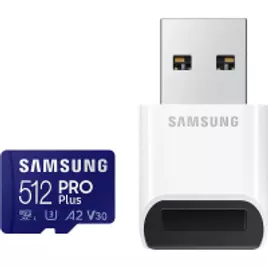SAMSUNG PRO Plus + Leitor 512 GB microSDXC até 160MB/s UHS-I, U3, A2, V30, Full HD e 4K UHD Cartão de memória para smartphones Android, tablets, Go Pro e DJI Drone (MB-MD512KB/AM)