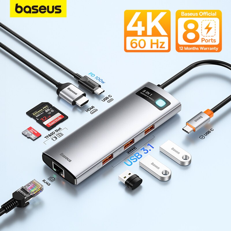 Hub Baseus 4 em 1 USB 3.0 Tipo C para HDMI