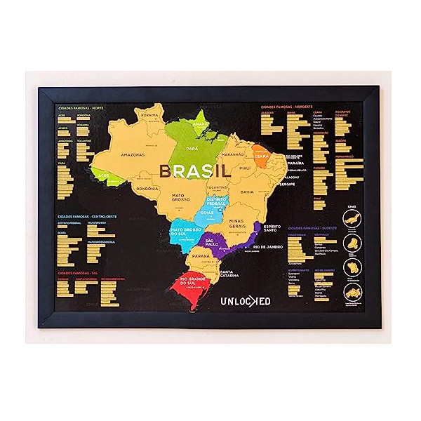 Mapa do Brasil de Raspar 66×46 CM Unlocked  Com moldura  Scratch off Brazil Map  Mapa Raspadinha