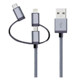 Geonav Cabo 3 em 1 – Conector lightning original Mfi Apple para iPhone, iPad, iPod lightning, Conector micro USB, Conector USB-C (tipo-C), nylon trançado, 1,5MT, LMC31GR, Cinza