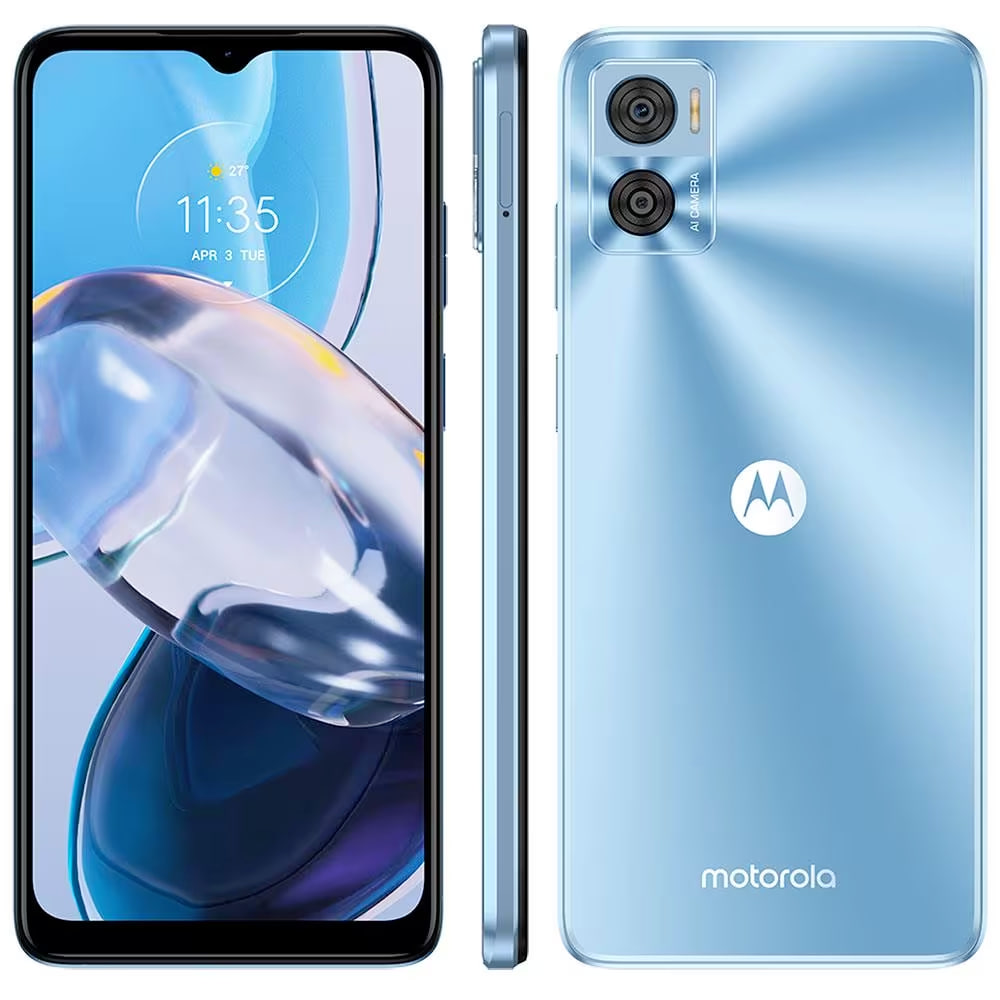 Smartphone Motorola Moto E22 Azul 128GB, 4GB RAM, Tela de 6.5″, Câmera Traseira Dupla, Android 12 e Processador Octa Core