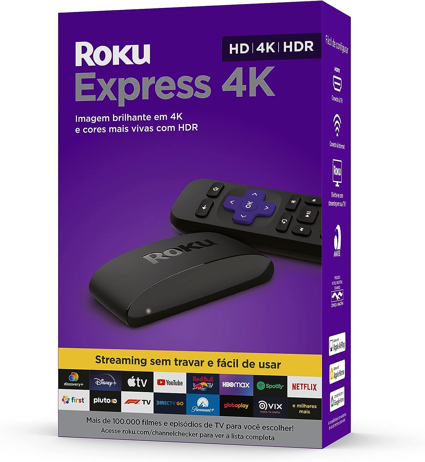 Roku Express 4K | Dispositivo de streaming para TV HD/4K/HDR compatível com Alexa, Siri e Google, controle remoto e cabo HDMI inclusos