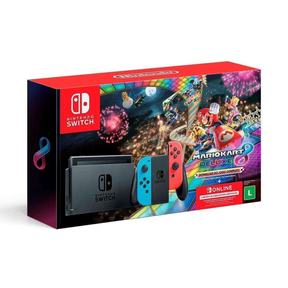 Console Nintendo Switch Neon Blue E Neon Red Com Joy‑con + Mario Kart 8 Deluxe + 3 Meses De Assinatura Nintendo Switch Online – HBDSKABL1
