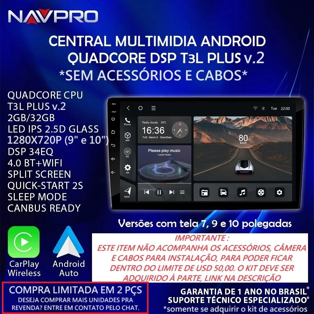 Central Multimidia com Android 13 Quadcore DSP T3L Plus Navpro 32GB/2gb