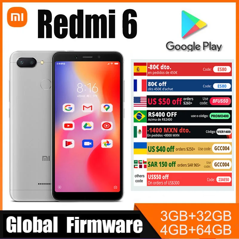 Xiaomi Smartphone Redmi 6, Celular Google Play, Tela Cheia 5.45