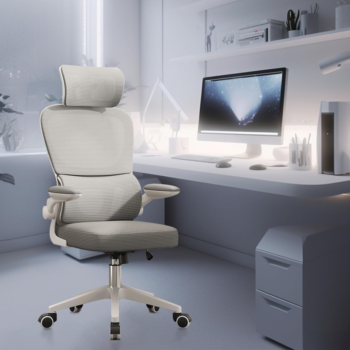 Cadeira de escritório, design ergonômico com suporte lombar independente, malha respirável e encosto de cabeça ajustável（Cinza）