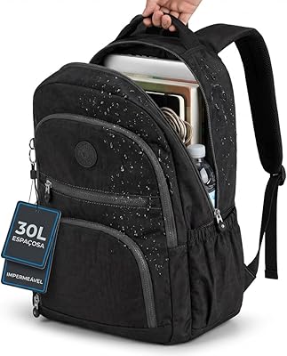 Mochila Grande 30L Nylon Impermeável Feminina Masculina Escolar Juvenil Notebook 15" — Mochila Preta Resistente com Múltiplos Bolsos, Leve, Casual e Reforçada para Escola e Viagens