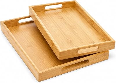 Kit Bandejas de Bambu Decorativas com Alça, 2 Peças, 36x25x5cm e 40x29x5cm, Cor Natural - Para Servir, Decorar, Elegantes - Casa (36x25x5cm / 40x29x5cm)